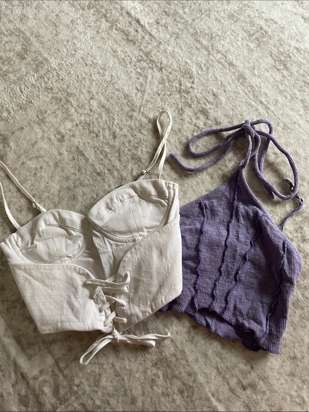 Zara White Lace-Up Bustier & Urban Outfitters Purple Halter Crop Top Set